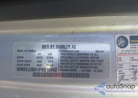 2015 Smart Fortwo Passion/Pure из США, поврежденный, VIN WMEEJ3BA1FK810942